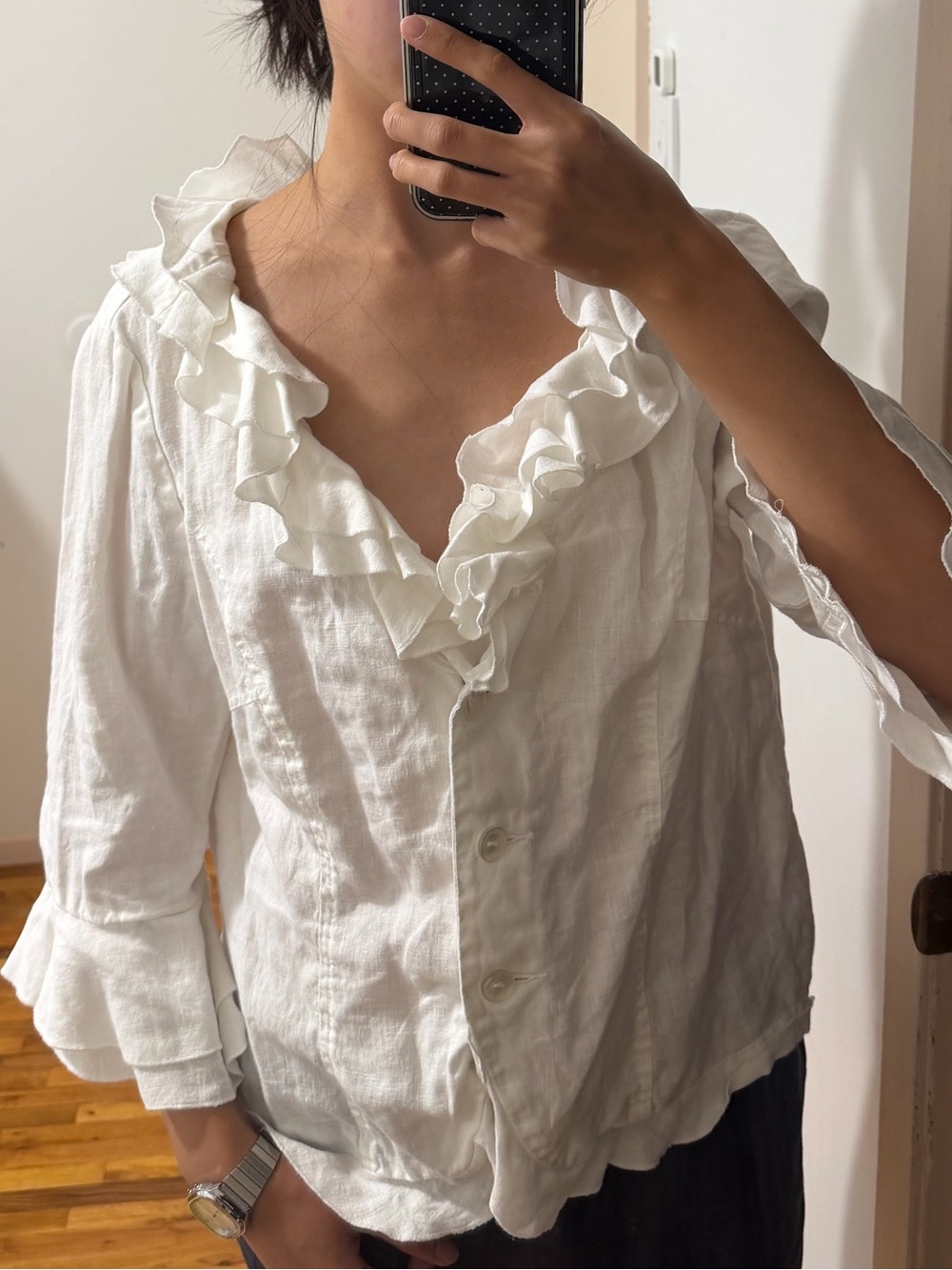 Women's White Ruffled V-Neck Blouse